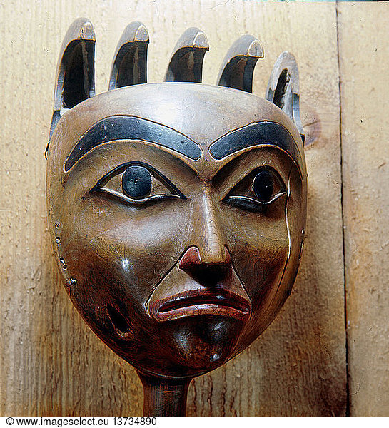 A shamans rattle  The sound made by the rattle helped induce trance states through which a shaman could contact the supernatural world on behalf of his patients. The figures on the rattle  here a human face usually depicted the spirits which assisted him. Northwest Coast of America. Tlingit. 19th c Nass River.