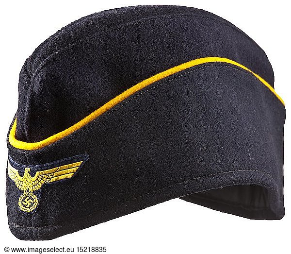 A side cap for naval female auxiliaries Depot piece in navy-blue woollen cloth in the on-board cap cut  continuous yellow wool braid  black inner liner with depot stamping  BeVo weave cap eagle (golden-yellow on dark blue ground). historic  historical  navy  naval forces  military  militaria  branch of service  branches of service  armed forces  armed service  object  objects  stills  clipping  clippings  cut out  cut-out  cut-outs  20th century