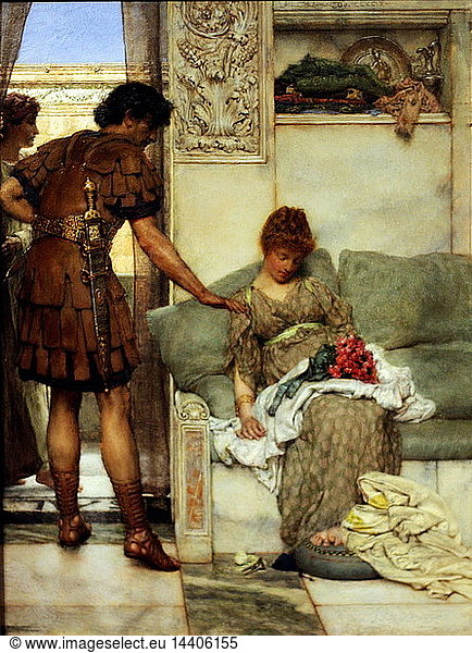 A Silent Greeting by Lawrence Alma-Tadema. Oil on Wood  circa 1889. The image shows a Roman Soldier leaving flowers in the lap of his lover to surprise her when she wakes. Alma-Tadema was famous for painting the everyday lives of people from bygone eras  So as to circumvent the cliche of painting Ancient Rome as a land of Gods and Heroics. His visual style is stunningly realistic  verging on the photographic.