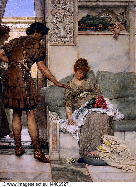 A Silent Greeting by Lawrence Alma-Tadema. Oil on Wood  circa 1889. The image shows a Roman Soldier leaving flowers in the lap of his lover to surprise her when she wakes. Alma-Tadema was famous for painting the everyday lives of people from bygone eras  So as to circumvent the cliche of painting Ancient Rome as a land of Gods and Heroics. His visual style is stunningly realistic  verging on the photographic.