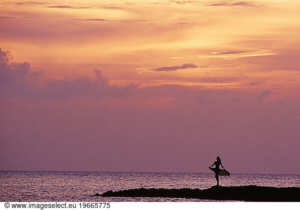 A silhouette of a woman on the beach at sunset.