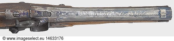 A silver-mounted percussion pistol  J.B. Uhthoff in St. Petersburg  circa 1810/20. Octagonal barrel  lightly constricted in the middle  with original bluing and smooth bore in 13 mm calibre. The signature  'J.B. Uhthoff Ã  St. Petersbourg' is inlaid in silver on top of the barrel in front of a mark with a crown and the inscription  'Lichtenfels'. Converted lock with decorative silver inlay. Double set trigger. Walnut stock with horn nose cap and finely checkered grip. There is a base on the grip for mounting a butt stock. Engraved silver furniture. Wooden ramrod with horn tip. Length 34 cm. historic  historical  19th century  civil handgun  civil handguns  handheld  gun  guns  firearm  fire arm  firearms  fire arms  weapons  arms  weapon  arm  object  objects  stills  clipping  clippings  cut out  cut-out  cut-outs