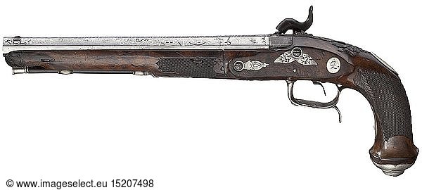 A silver-mounted percussion pistol with shoulder stock  Bartolomaeus Joseph Kuchenreuter  Regensburg  circa 1830  Octagonal barrel with smooth bore in 12 mm calibre with patent breechblock  dovetailed front sight and double folding rear sights. Barrel top tendril-shaped and inlaid in silver  signed 'Barth. Jos. Kuchenreuter in Regensburg'. Florally engraved percussion lock with (faulty) back trigger and repeated signature. Florally carved walnut stock with ribbed butt and fore stock. Ornamentally engraved silver furniture with covering cap for shoulder stock  on opposite lock side silver plate with number '2'. Original wooden ramrod with silver tip. Fore stock with shrinkage crack and some stroke marks  silver inlays on barrel incomplete. Length 40 cm. Comes with florally carved (replaced) walnut shoulder stock. Length 35 cm. Bartolomaeus Joseph Kuchenreuter  Steinweg near Regensburg  1779 - 1864. civil handgun  civil handguns  handheld  gun  guns  firearm  fire arm  firearms  fire arms  weapons  19th century