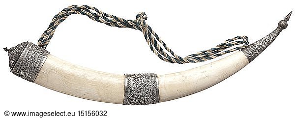 A silver-mounted tusk  19th/20th century The polished tusk of an African elephant (Loxodonta africana) with floral fittings elaborately embossed in silver. Length measured along the outer curvature 87 cm. CITES documents available. historic  historical  Indonesian archipelago  Indonesia  Far East  Asia  Asian  ethnology  ethnicity  ethnic  tribal  object  objects  stills  clipping  clippings  cut out  cut-out  cut-outs  19th century