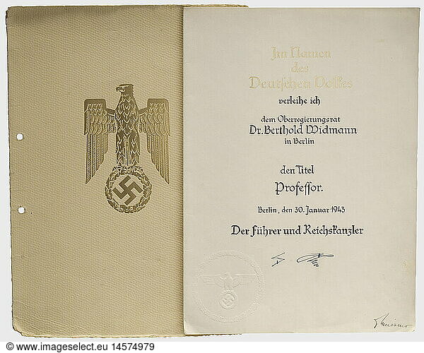 A silver presentation bowl.  Rose-bordered plate with the heraldic eagle  oak leaf bundles  and the inscription  'Kein Volk lebt länger als die Dokumente seiner Kultur' (No people lives longer than the documents of its culture) along with a facsimile signature of Adolf Hitler engraved in the centre. The silversmith's mark 'Wellner' and the hallmark '800' on the back. Weight 521 g. Diameter 30 cm. It comes with the certificate awarding the title of professor (envelope with punch-holes) to the Senior Administrative Councilor  Dr. Berthold Widmann  Reich's Commissar at the Prize Court of Appeals  Berlin. Meissner's signature 1943. Also a congratulatory telegram from Grand Admiral Raeder  and a newspaper clipping. historic  historical  1930s  20th century  navy  naval forces  military  militaria  branch of service  branches of service  armed forces  armed service  object  objects  stills  clipping  clippings  cut out  cut-out  cut-outs