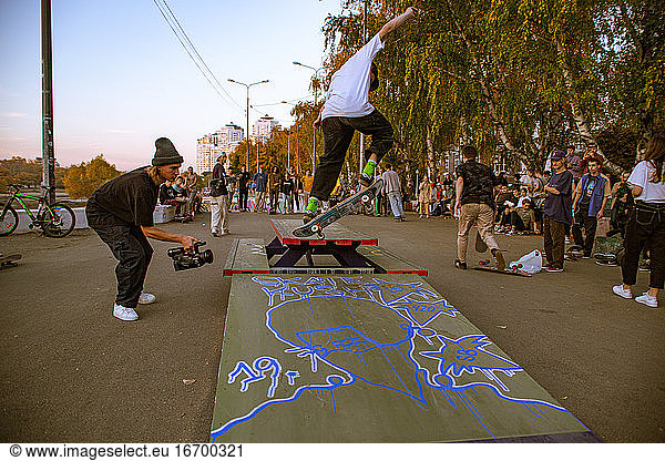 A skateboarder in action at Venice Beach Skate Park in Los Angeles  California  USA