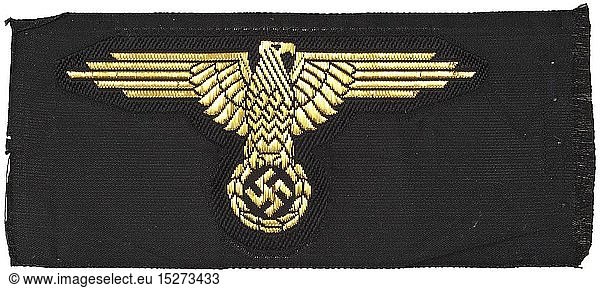 A sleeve eagle for a general of the Waffen-SS Machine-woven issue with smooth gold thread (so-called 'flatwire' issue) on a black base. Unquestionably original. Extremely rare. historic  historical  20th century  1930s  1940s  Waffen-SS  armed division of the SS  armed service  armed services  NS  National Socialism  Nazism  Third Reich  German Reich  Germany  military  militaria  utensil  piece of equipment  utensils  object  objects  stills  clipping  clippings  cut out  cut-out  cut-outs  fascism  fascistic  National Socialist  Nazi  Nazi period
