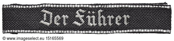 A sleeveband 'Der FÃ¼hrer' for officers of the SS Standarte  later the 4th SS-Panzer-Grenadier-Regiment in the 2nd SS-Panzer-Division 'Das Reich'  1st model with name in Gothic script. Black and silver woven 'flatwire' issue with sewn ends and RZM-SS-paper tag. Unissued. Length 49 cm. historic  historical  20th century  1930s  1940s  secret service  security service  secret services  security services  police  armed service  armed services  NS  National Socialism  Nazism  Third Reich  German Reich  Germany  utensil  piece of equipment  utensils  object  objects  stills  clipping  clippings  cut out  cut-out  cut-outs  fascism  fascistic  National Socialist  Nazi  Nazi period  uniform  uniforms  detail  details