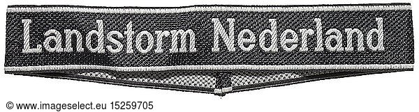 A sleeveband 'Landstorm Nederland' for enlisted men/NCOs of the 34th SS-Freiwilligen-Grenadier-Division. Black and silver-grey woven BeVo type. Small burn mark. Shortened to 40 cm. historic  historical  20th century  1930s  1940s  secret service  security service  secret services  security services  police  armed service  armed services  NS  National Socialism  Nazism  Third Reich  German Reich  Germany  utensil  piece of equipment  utensils  object  objects  stills  clipping  clippings  cut out  cut-out  cut-outs  fascism  fascistic  National Socialist  Nazi  Nazi period  uniform  uniforms  detail  details