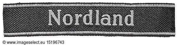 A sleeveband 'Nordland' for enlisted men/NCOs of the SS-Infanterie-Regiment  later SS-Panzer-Grenadier-Regiment in the 5th SS-Panzer-Division 'Wiking'. Black and silver-grey BeVo type with sewn ends. Unissued. Length 48 cm. historic  historical  20th century  1930s  1940s  secret service  security service  secret services  security services  police  armed service  armed services  NS  National Socialism  Nazism  Third Reich  German Reich  Germany  utensil  piece of equipment  utensils  object  objects  stills  clipping  clippings  cut out  cut-out  cut-outs  fascism  fascistic  National Socialist  Nazi  Nazi period  uniform  uniforms  detail  details
