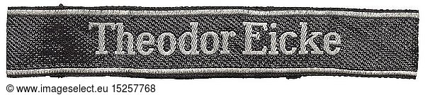 A sleeveband 'Theodor Eicke' for enlisted men/NCOs of the 3rd SS-Totenkopf-Infanterie-Regiment  later the 6th SS-Panzer-Grenadier-Regiment from the 3rd SS-Panzer-Division 'Totenkopf'. Black and silver-grey BeVo type with sewn ends. Unissued. Length 49 cm. historic  historical  20th century  1930s  1940s  secret service  security service  secret services  security services  police  armed service  armed services  NS  National Socialism  Nazism  Third Reich  German Reich  Germany  utensil  piece of equipment  utensils  object  objects  stills  clipping  clippings  cut out  cut-out  cut-outs  fascism  fascistic  National Socialist  Nazi  Nazi period  uniform  uniforms  detail  details
