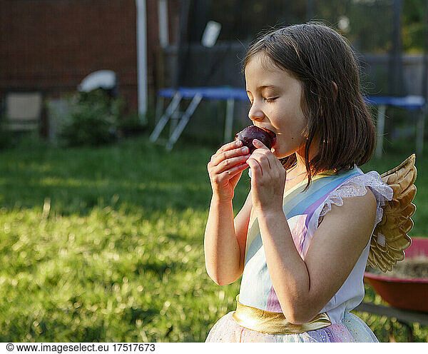 A small child in costume with golden wings eats juicy plum in sunshine