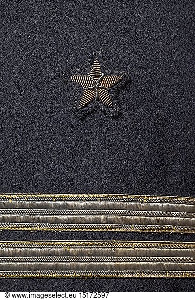 A small dress uniform for an Oberleutnant zur See (tr. lieutenant-senior) made to measure by the officers' clothing depot Kiel  1937 Fine navy-blue cloth with fire-gilt anchor buttons  black silk liner  gold-embroidered breast eagle and occupational stars  gold sleeve stripes. A matching ensemble with waistcoat and trousers in identical issue  each with a clothing office tag for a FÃ¤hnrich (tr. ensign). historic  historical  navy  naval forces  military  militaria  branch of service  branches of service  armed forces  armed service  object  objects  stills  clipping  clippings  cut out  cut-out  cut-outs  20th century