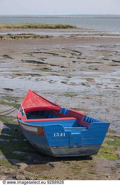 A small painted wooden fishing boat beached on the shores of Sado Estuary outside Carracqueira village on the Algarve.