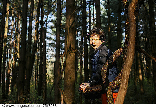 A smiling boy leans against a tree branch in golden forest