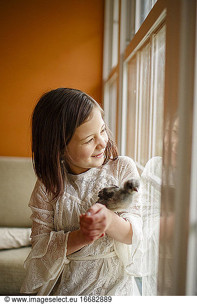 A smiling little girl holds baby chicken up to the window to look out