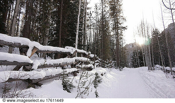 A snow covered fence and trail lead up into the mountains.