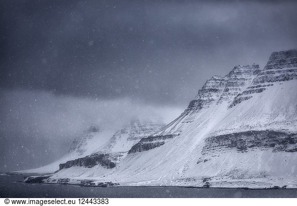 A snow storm along the Strandir Coast on Iceland's West Fjords  Iceland