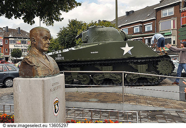 A statue of General McAuliffe on a square in Bastogne