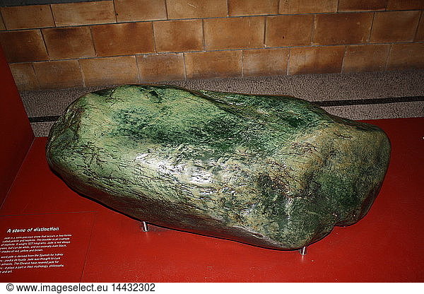 A stone of distinction. Jade is a semi-precious stone that occurs in two forms - jadeite and nephrite. This boulder is an example of nephrite. It weighs 527 kilograms. Jade is not always green  but can be white and occasionally black or shades of red  yellow and brown. The word jade is derived from the Spanish for kidney stones - piedra de hyada. Jade was thought to cure kidney ailments. The Chinese have revered jade for centuries - it plays a part in their mythology  philosophy  social life and art.