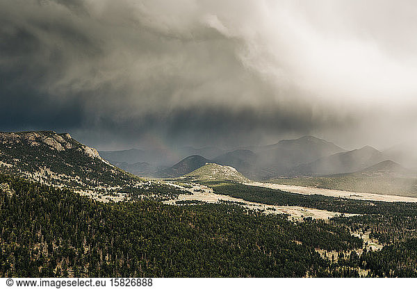 A storm moves over Rocky Mountain National Park  CO.