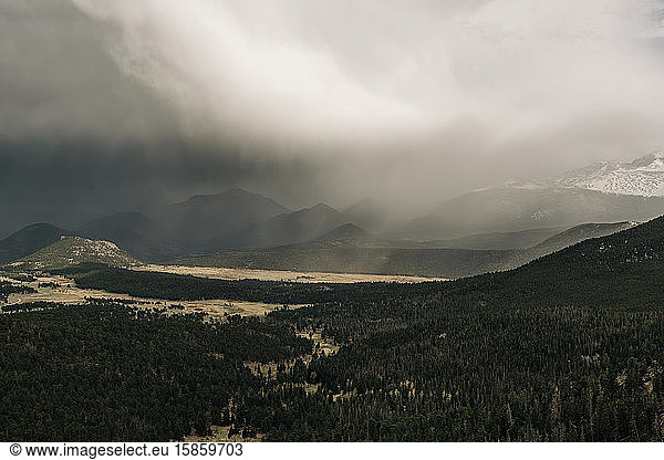 A storm moves over Rocky Mountain National Park  Colorado..