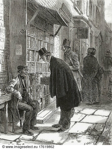A street bookstall in New York in the 1870's. After a work by Edwin Austin Abbey in Harper's Weekly  February 28  1874.