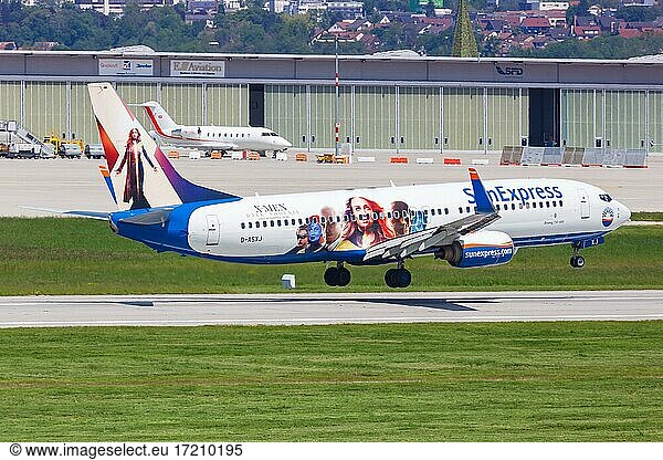 A SunExpress Germany Boeing 737-800 with the registration D-ASXJ and the special livery X-Men Dark Phoenix lands at Stuttgart Airport  Germany  Europe