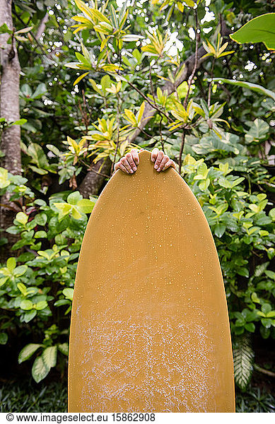 A surfer plays hide and seek in the jungle