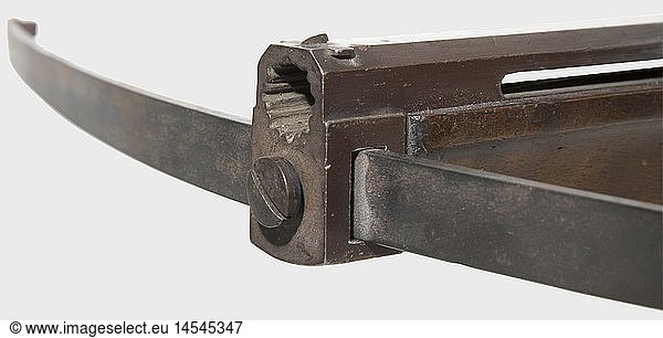 A Swiss crossbow pistol  middle of the 19th century Thin iron prod. Enclosed with an octagonal barrel-like rifled muzzle and a folding sight. Inscribed 'C. Shenk a Berne' on top. Set trigger. Walnut full stock with iron furniture. Length 35 cm. historic  historical  19th century  crossbow  crossbows  distance weapon  weapons  object  objects  clipping  cut out  cut-out  cut-outs
