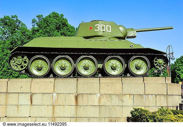 A T-34 tank in the Soviet War Memorial. It was erected in 1945  by Mikhail Gorvits. Tiergarten Park. Berlin  Germany