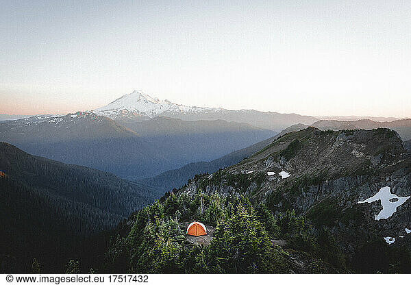 A tent on a remote spot in North Cascades near mt. Baker