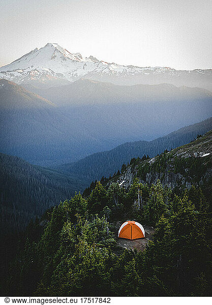 A tent on a remote spot in North Cascades near mt. Baker
