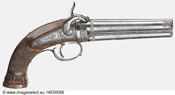 A three-barrel turn-over pistol  Italian(?)  circa 1840. Barrel bundle consisting of three round barrels with smooth bores in 12 mm calibre. Engraved decorative scrollwork on muzzles and at the barrel roots  fine ribs between the barrels. Engraved lock  the cock displays a lion head. Lock and side plate engraved with the inscription  'Galletto Bruciatella'. Lightly carved walnut root grip with finely engraved iron furniture. Length 27 cm. Erwerbsscheinpflichtig. historic  historical  19th century  civil handgun  civil handguns  handheld  gun  guns  firearm  fire arm  firearms  fire arms  weapons  arms  weapon  arm  object  objects  stills  clipping  clippings  cut out  cut-out  cut-outs