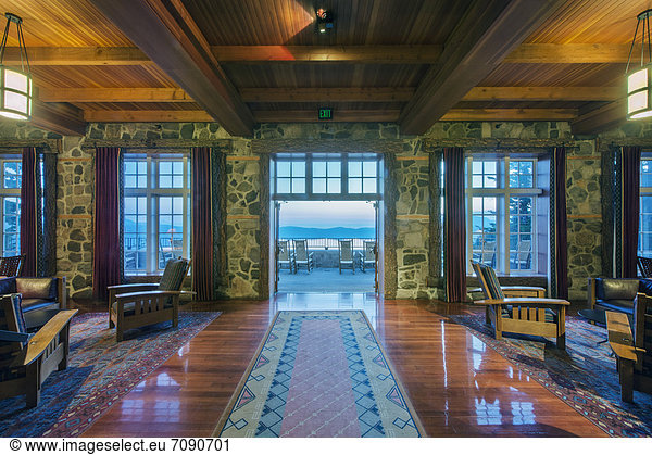 A traditionally furnished and decorated lodge or hotel reception area at the Crater Lake Lodge  in Oregon.