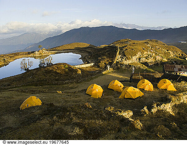 A trekking group's tent camp near a lake in Eastern Nepal.