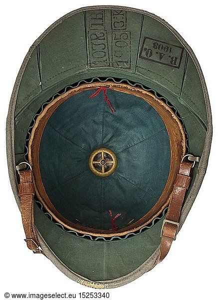 A tropical helmet M 1900 of the East Asiatic Expeditionary Corps Depot piece. Cork body with field-grey textile covering and edging (blemishes)  unscrewable ventilation cap and folding neck guard. Green liner  brown leather sweatband with size stamping '54 1/2'  embossed maker's crest and lettering 'Ludwig Bortfeldt Bremen'  brown chinstrap with brass slides. The neck guard underside stamped 'B.A.O. 1903' and quadruple stamped '10 IR - I.B. - 3.K. - 1905'. Pinned on golden imperial eagle  trim band in white arm of service colour with pinned lacquered Reich cockade. A very rare helmet of military historical importance  as it introduced the functionality of field-grey clothing in place of the colourful but impractical traditional colouration. historic  historical  navy  naval forces  military  militaria  branch of service  branches of service  armed forces  armed service  object  objects  stills  clipping  clippings  cut out  cut-out  cut-outs  20th century