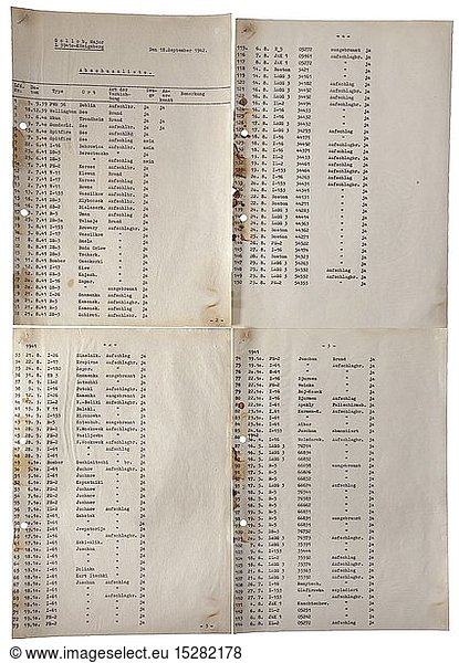 A typewritten aerial victory list of Gordon Gollob  dated 18 September 1942 with detailed entries for his 150 aerial victories on four DIN A 4 pages. historic  historical  Air Force  branch of service  branches of service  armed service  armed services  military  militaria  air forces  object  objects  stills  clipping  clippings  cut out  cut-out  cut-outs  20th century