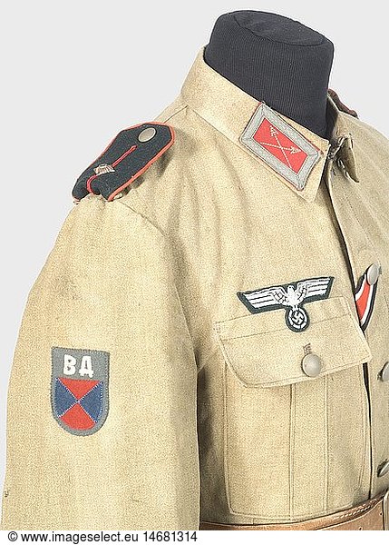 A uniform ensemble for a Cossack First Lieutenant.  A papacha (Cossack lambswool hat) with black fur trim and a dark green top with a cross of yellow braid. Metal insignia. Beige coloured cotton lining. Tunic of sand coloured linen  complete with all insignia (different versions)  and the General Assault Badge and Wound Badge in Black pins. Dark blue breeches with leather trim and broad red leg stripes. Brown leather belt with pistol holster. historic  historical  1930s  20th century  army  armies  armed forces  military  militaria  object  objects  stills  clipping  clippings  cut out  cut-out  cut-outs