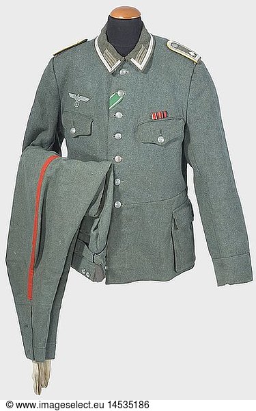 A uniform ensemble for a Wachtmeister (Sergeant) in General von Panwitz' Cossack Escort Squadron.  Modified captured jacket of field grey wool  quilted brown lining  standard collar patches  NCO piping  shoulder boards on loops  eagle woven in silver on field grey backing. The squadron's oval  blue sleeve insignia bears crossed shashqas and an ataman's mace within a red border. Field grey breeches with red leg stripes. Moth damage. historic  historical  1930s  20th century  army  armies  armed forces  military  militaria  object  objects  stills  clipping  clippings  cut out  cut-out  cut-outs