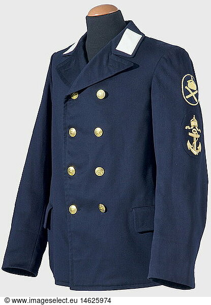 A uniform jacket for a chief boatswains mate  on the Imperial yacht 'Hohenzollern' Dark blue  double-breasted wool jacket. White collar patches  a stamped golden metal rank insignia on the left sleeve with the insignia of the gig's crew for the SMY 'Hohenzollern' embroidered above it in yellow silk. A large machine-embroidered monogram sewn on the inside pocket. Clean  colours fresh  small mended hole on the shoulder. Extremely rare Imperial Navy uniform piece. historic  historical  1900s  1910s  20th century  navy  naval forces  military  militaria  branch of service  branches of service  armed forces  armed service  object  objects  stills  clipping  clippings  cut out  cut-out  cut-outs