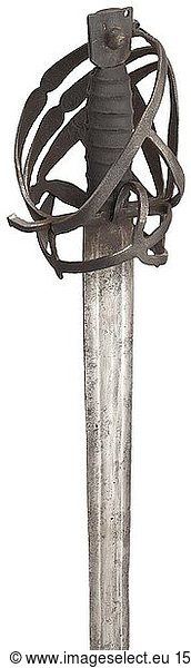 A Venetian schiavona Circa 1600. Double-edged blade with broad fuller. Typical skeleton basket hilt  the grip with added leather cover. Iron cat's head pommel. Surfaces partially with fine pitting. Length 104 cm. historic  historical  sword  swords  weapons  arms  weapon  arm  fighting device  military  militaria  object  objects  stills  clipping  clippings  cut out  cut-out  cut-outs  melee weapon  melee weapons  metal  17th century