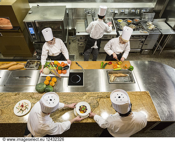 A view looking down on a crew of chefs working in a commercial kitchen
