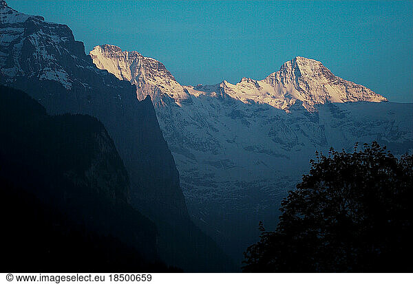 A view of the alpenglow on the high Alp mountains above Wengen