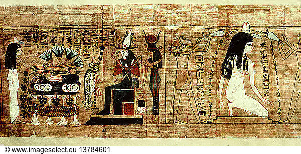 A vignette from the Book of the Dead of Lady Cheritwebeshet  Purification with water by Horus and Thoth of the Lady Cheritwebeshet. She presents lotus blossom and food offerings to Hathor and Horus. Egypt. Ancient Egyptian. 21st dynasty c 1069 945BC.