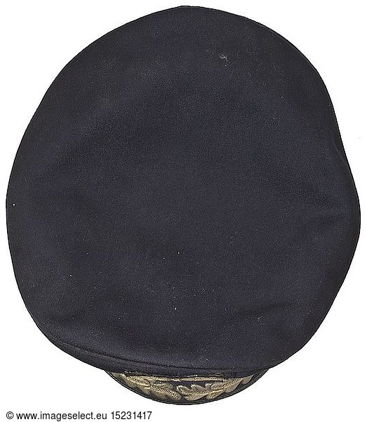 A visor cap for a Kriegsmarine admiral maker Erel  Berlin Navy-blue cloth  trim band of black mohair  visor with fine gold embroidery for admirals  hand embroidered gold cap insignia  blue silk liner (soiled)  beneath the cap trapezoid the silver imprinted maker 'O.K.K. Berlin Erel Sonderklasse' (officer clothing supply)  the brown leather sweatband likewise with the maker's stamp 'Erel'  black patent leather straps on gold buttons. An often-used visor cap of an admiral. Provenance: Richard de Filippi collection  illustrated on p. 150 in his book published in 1980 'Les Coiffures Militaires du TroisiÃƒÂ¨me Reich'. historic  historical  navy  naval forces  military  militaria  branch of service  branches of service  armed forces  armed service  object  objects  stills  clipping  clippings  cut out  cut-out  cut-outs  20th century