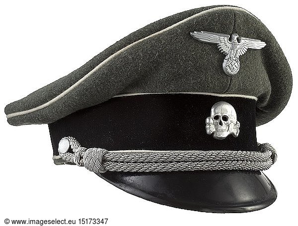 A visor cap for leaders of the Waffen-SS Field-grey gabardine  black velvet trim stripe  white piping  aluminium insignia  silver cap cord  grey-silk liner with size stamping '57'  light brown leather sweat band. Rare. historic  historical  20th century  1930s  1940s  Waffen-SS  armed division of the SS  armed service  armed services  NS  National Socialism  Nazism  Third Reich  German Reich  Germany  military  militaria  utensil  piece of equipment  utensils  object  objects  stills  clipping  clippings  cut out  cut-out  cut-outs  fascism  fascistic  National Socialist  Nazi  Nazi period