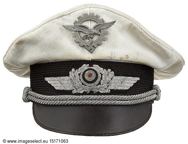 A visor cap for Luftwaffe officers as chiefs of aircraft procurement and supply white summer issue  manufactured by Breiter  Munich historic  historical  Air Force  branch of service  branches of service  armed service  armed services  military  militaria  air forces  object  objects  stills  clipping  clippings  cut out  cut-out  cut-outs  20th century