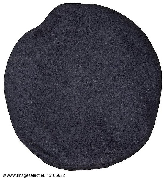 A visor cap for staff officers in the Kriegsmarine with wearer label of 'Dr.med. Hain' Navy-blue cloth  trim band of black mohair  dark blue silk liner  the cap trapezoid with wearer's tag  grey leather sweatband  visor with gold embroidery for a staff officer  hand embroidered gold cap insignia  black patent leather straps. historic  historical  navy  naval forces  military  militaria  branch of service  branches of service  armed forces  armed service  object  objects  stills  clipping  clippings  cut out  cut-out  cut-outs  20th century