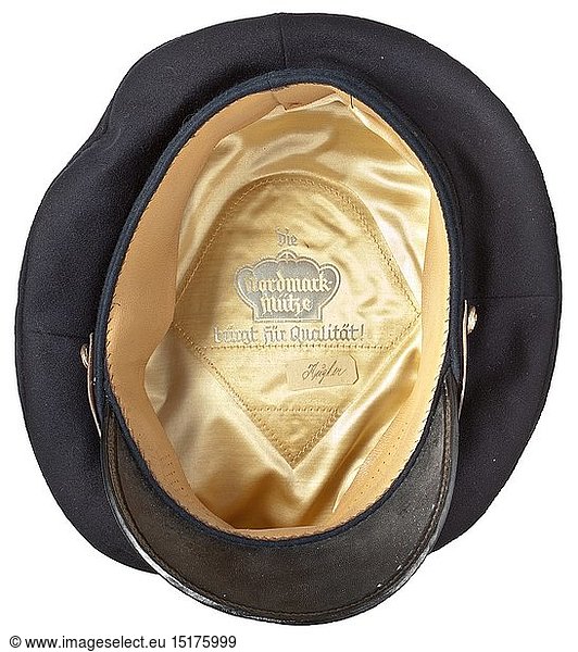 A visor cap for subaltern officers in the Kriegsmarine Navy-blue cloth  trim band of black mohair  beige silk liner  beneath the cap trapezoid the silver imprinted maker 'Die Nordmann MÃ¼tze bÃ¼rgt fÃ¼r QualitÃ¤t' and wearer's tag 'Kugler'  light brown leather sweatband  the visor with gold embroidered edging for subalterns  golden hand embroidered insignia  black patent leather straps on gold naval buttons. In mint condition. historic  historical  navy  naval forces  military  militaria  branch of service  branches of service  armed forces  armed service  object  objects  stills  clipping  clippings  cut out  cut-out  cut-outs  20th century